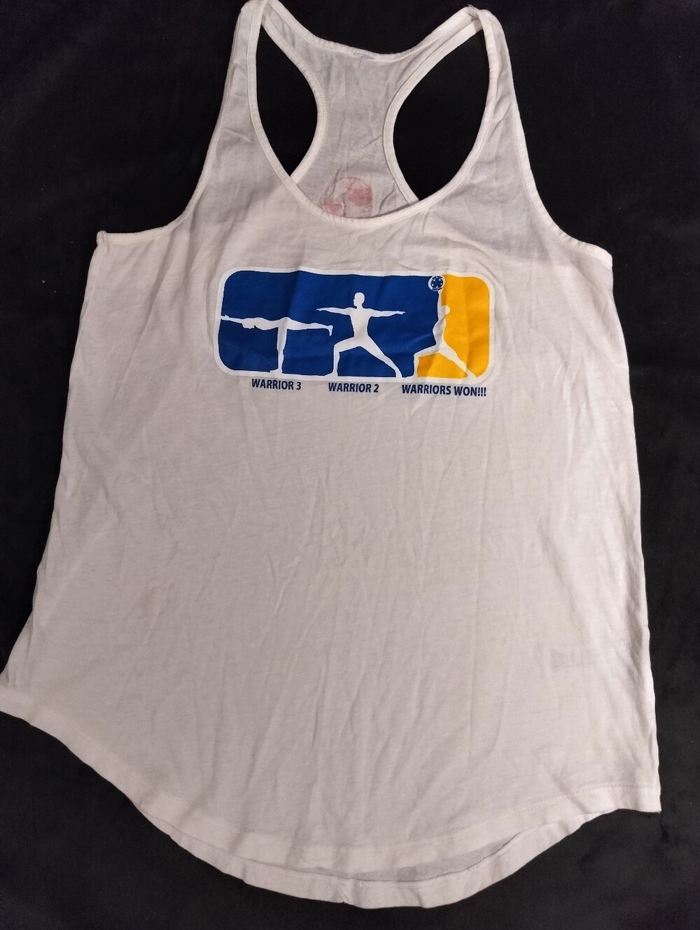 Yogamama Warriors Basketball Yoga Pose Racerback Tank White, Blue & Yellow Small